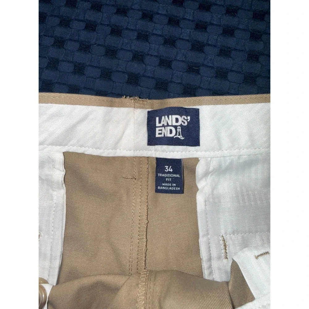 Lands End Shorts Mens 34 Flat Front Tan Khaki Cotton Traditional Walking Chino